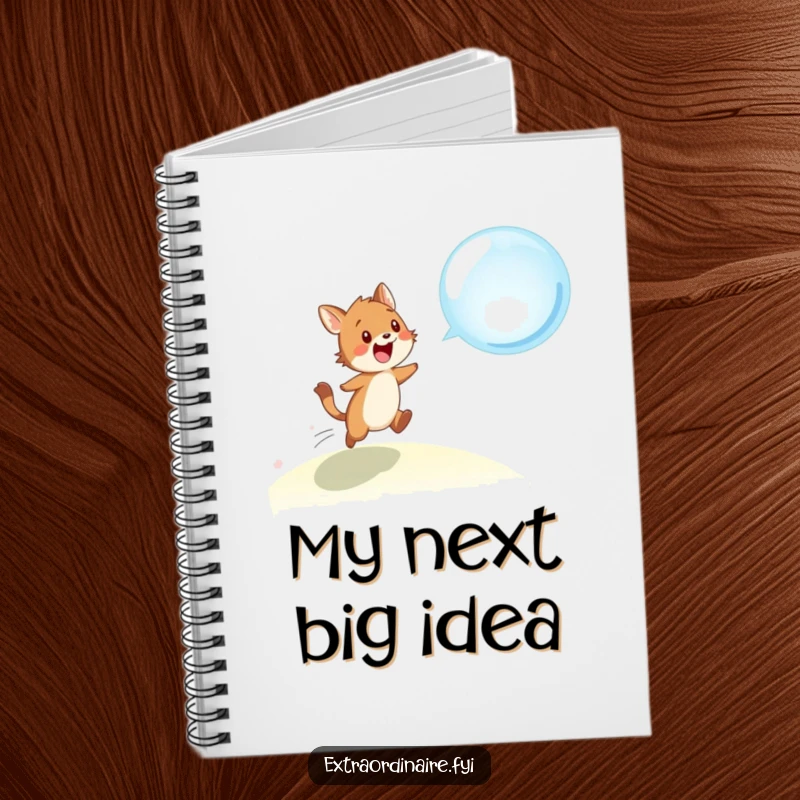 Funny notebook cover art: a playful animal character joyfully chasing a magical, floating bubble, perfect for capturing thoughts.