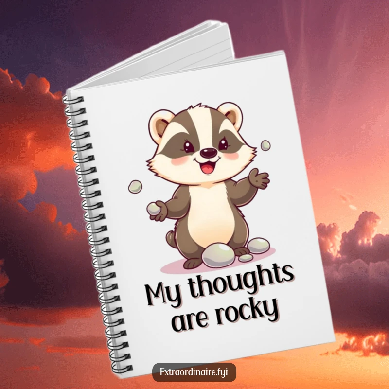 Funny notebook cover with a delighted badger character juggling pebbles, designed for capturing playful and amusing thoughts.