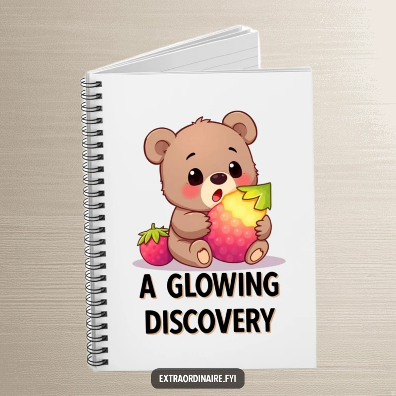 Funny bear cub berry notebook featuring a cub’s surprised face at a glowing berry, perfect for jotting down funny notes.