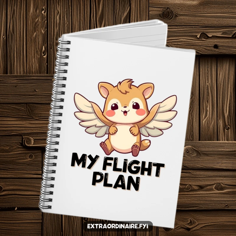 Funny notebook cover art: a brave animal character attempting flight with comically flapping wings, symbolizing determination for note-taking.