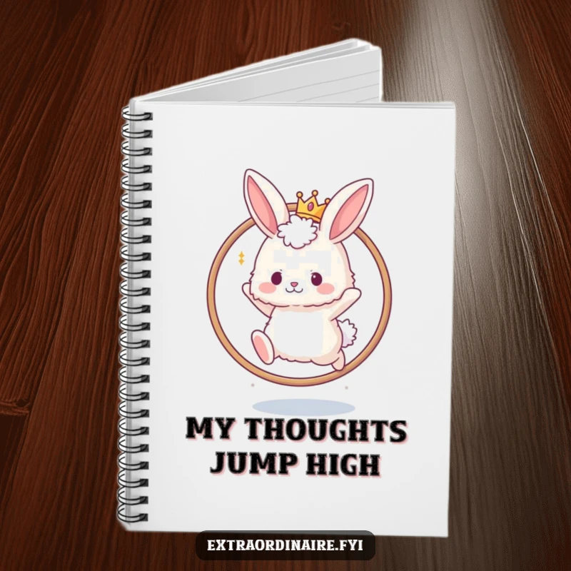 Funny notebook cover featuring a fluffy bunny with a tiny crown leaping through a hoop. Ideal for journaling with flair.