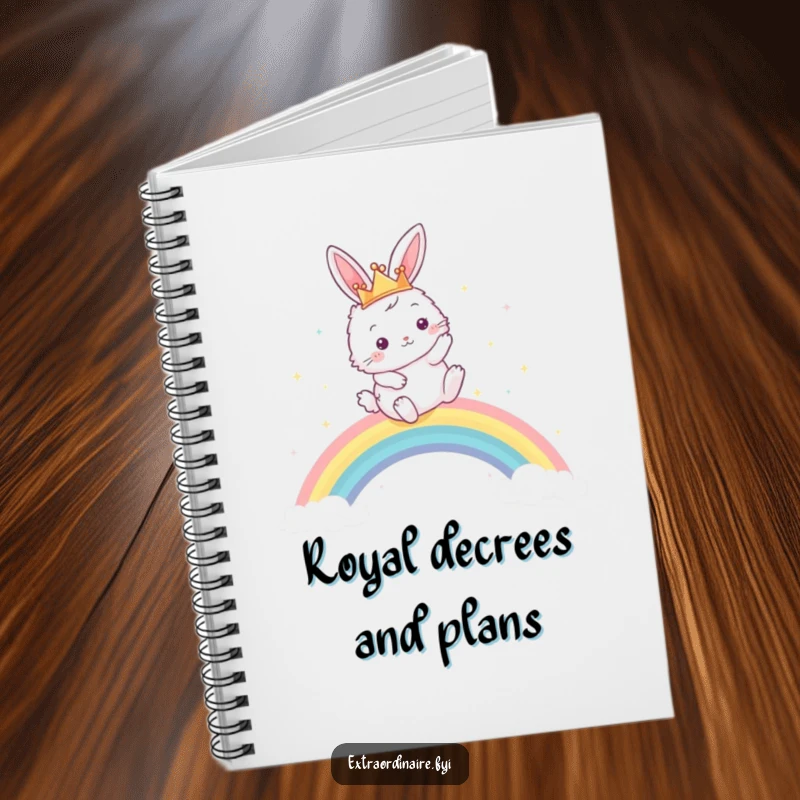 Funny notebook with a fluffy bunny in a crown, leaping over a vibrant rainbow, inspiring creative journaling and planning.