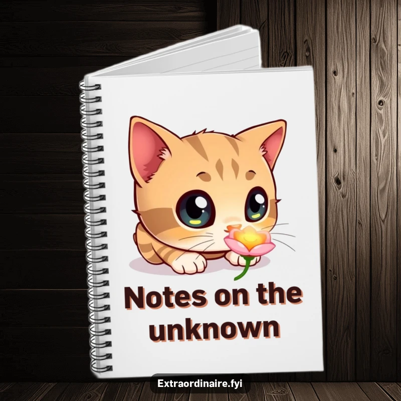 Funny notebook with a curious cat, large eyes focused on a glowing flower, inspiring creative writing and sketching.