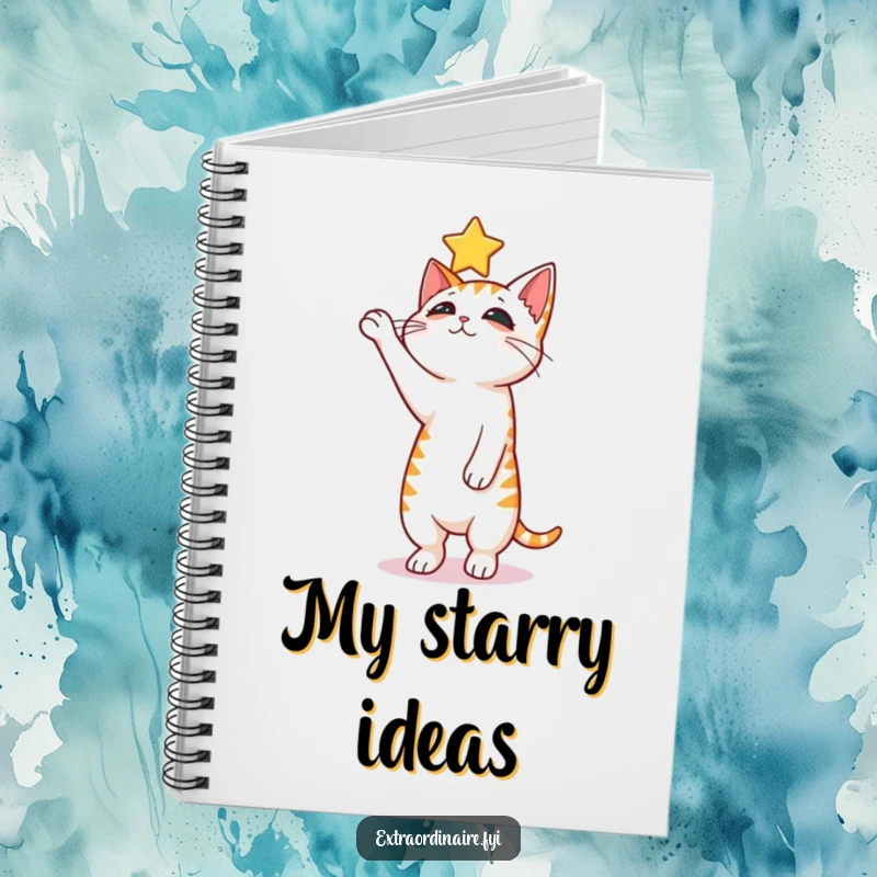 Funny curious cat notebook, a cat balancing on hind legs reaching for a floating star, for writing dreams.