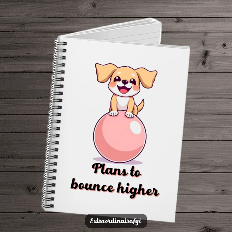 Funny notebook with a joyful dog, floppy ears askew, balancing on a large bouncy ball, inspiring creative notes.