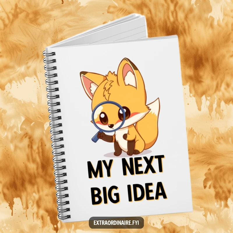 Funny fox notebook, a curious fox with a magnifying glass, perfect for writing and drawing, adds humor to note-taking, ideal funny gift.