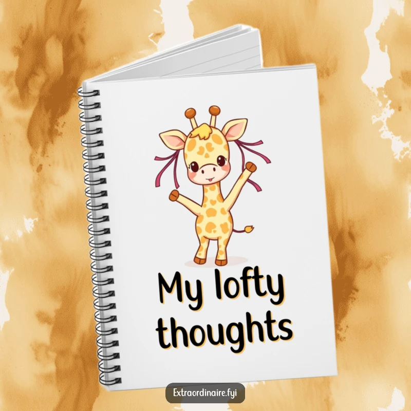Funny giraffe notebook, a joyful giraffe character dancing with ribbons, perfect for journaling, planning, and capturing happy ideas.