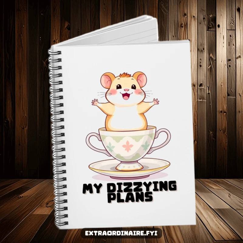 Funny Hamster Notebook: A happy hamster balancing on a spinning teacup, looking exhilarated, ideal for note-taking.