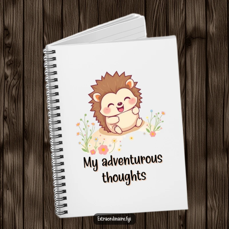 A funny hedgehog rolling with a grin through flowers on the cover of a lined notebook, inspiring happy thoughts.