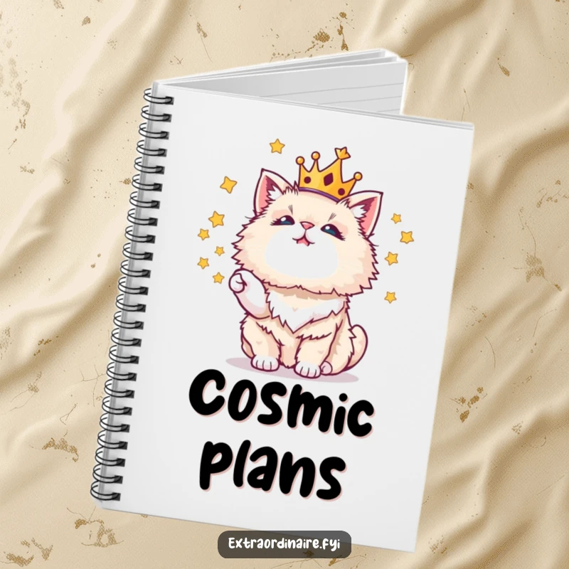 Funny notebook with a crowned cat juggling stars design, perfect for writing and creative ideas.