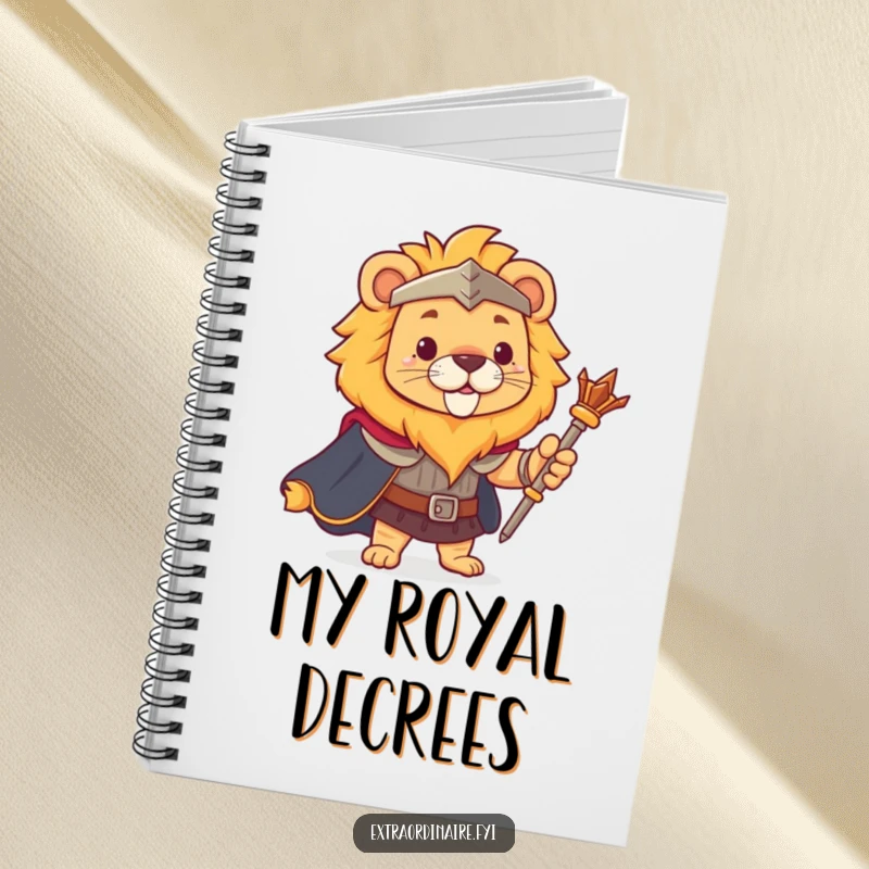 Funny lion notebook cover, regal with a cape and scepter, inspiring brave and majestic note-taking.