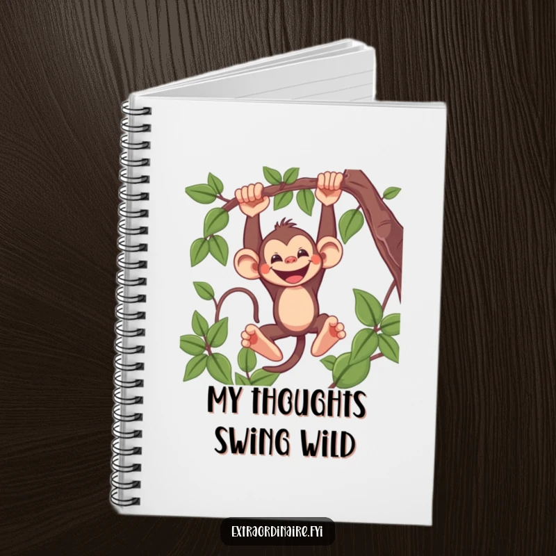 Funny Monkey Notebook featuring a mischievous monkey swinging from a vine with a wide grin, perfect for jotting down notes and ideas.