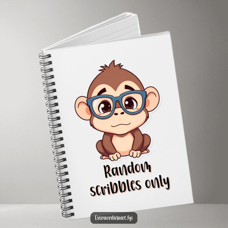 Funny monkey notebook, a silly monkey character with oversized glasses looking confused, perfect for writing, drawing, and brainstorming.