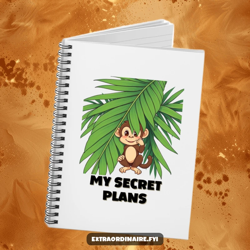 A funny monkey peeking from behind a palm leaf on the cover of a lined notebook, perfect for jotting ideas.