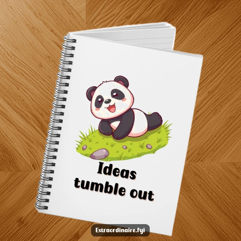 Funny notebook featuring a playful panda character rolling down a hill with glee, perfect for jotting down thoughts and happy ideas.