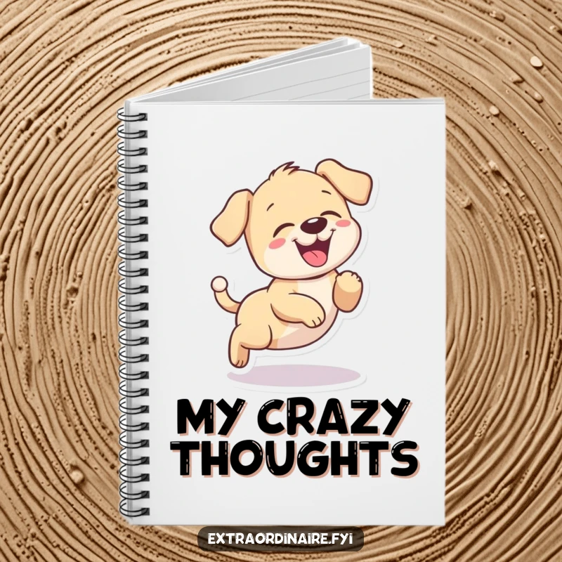 Funny puppy giggling notebook, a playful dog chasing its tail in a circle, for writing happy thoughts.