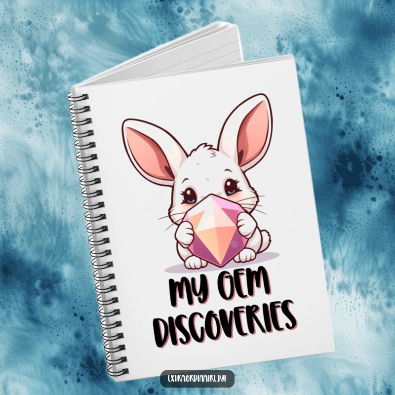 Funny notebook cover featuring a curious rabbit with oversized ears peeking from behind a sparkling gem.