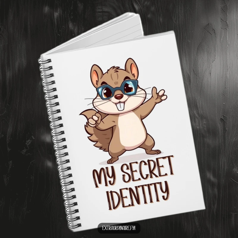 Funny squirrel superhero notebook, a mischievous rodent striking a heroic pose, ideal for capturing thoughts and plans with a smile.