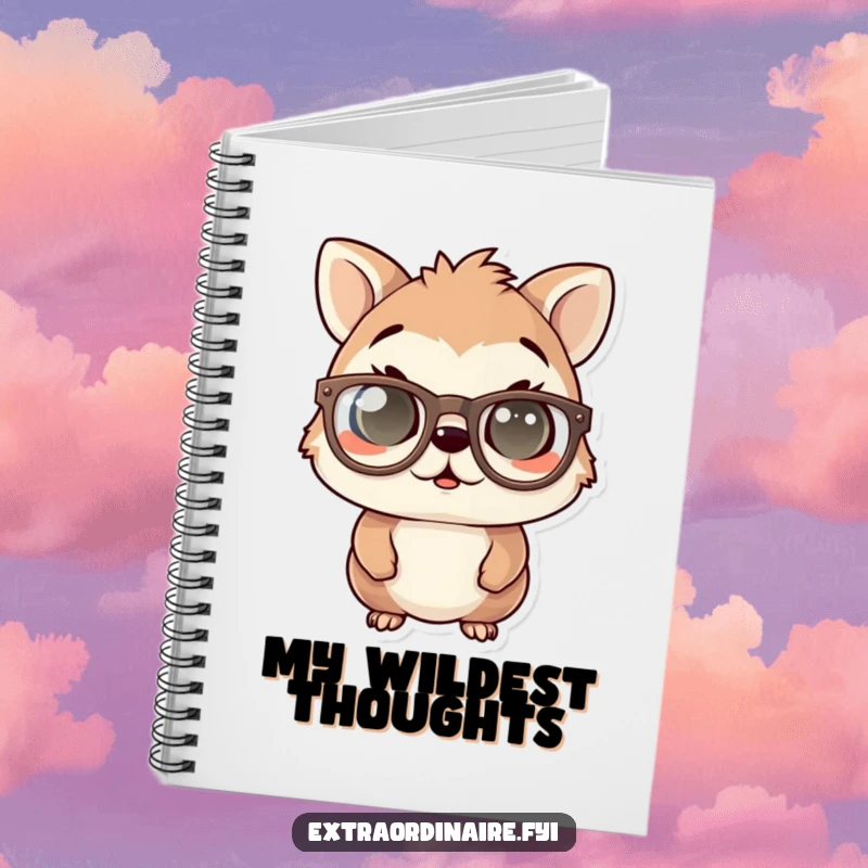 Funny notebook cover art: an animal character wearing oversized spectacles, eyes wide with a look of amusing surprise, ready for notes.