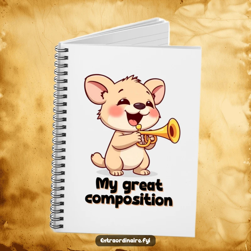 Funny Notebook: A smiling animal character plays a tiny trumpet, encouraging musical thoughts and creative expression.