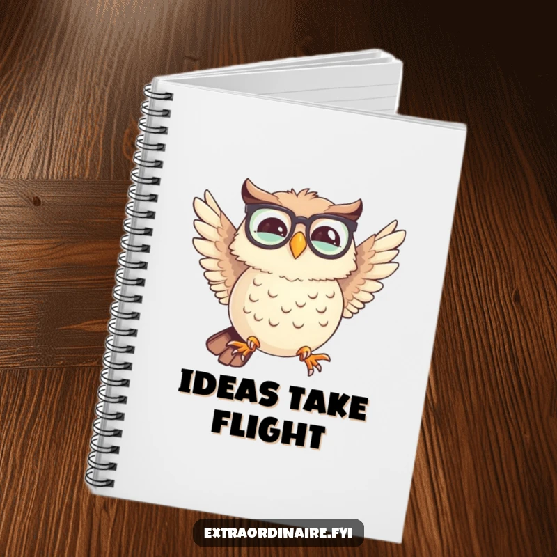 Funny notebook cover showing a giggling owl with spectacles attempting flight with mismatched wings, inspiring witty thoughts.