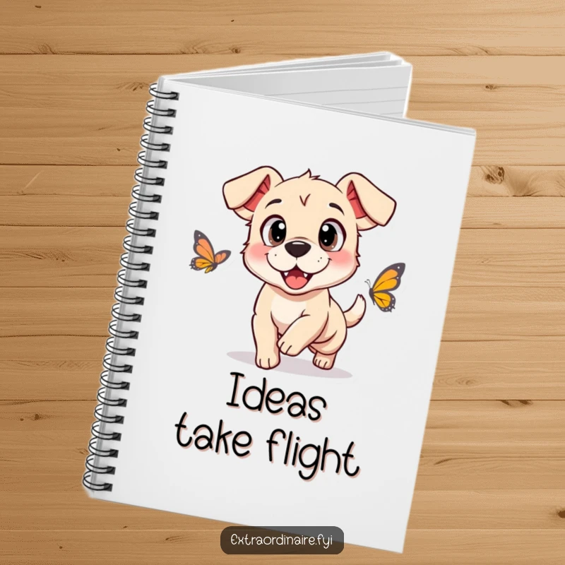 Funny notebook cover showing a dog with oversized, happy eyes chasing a butterfly, inspiring playful thoughts.