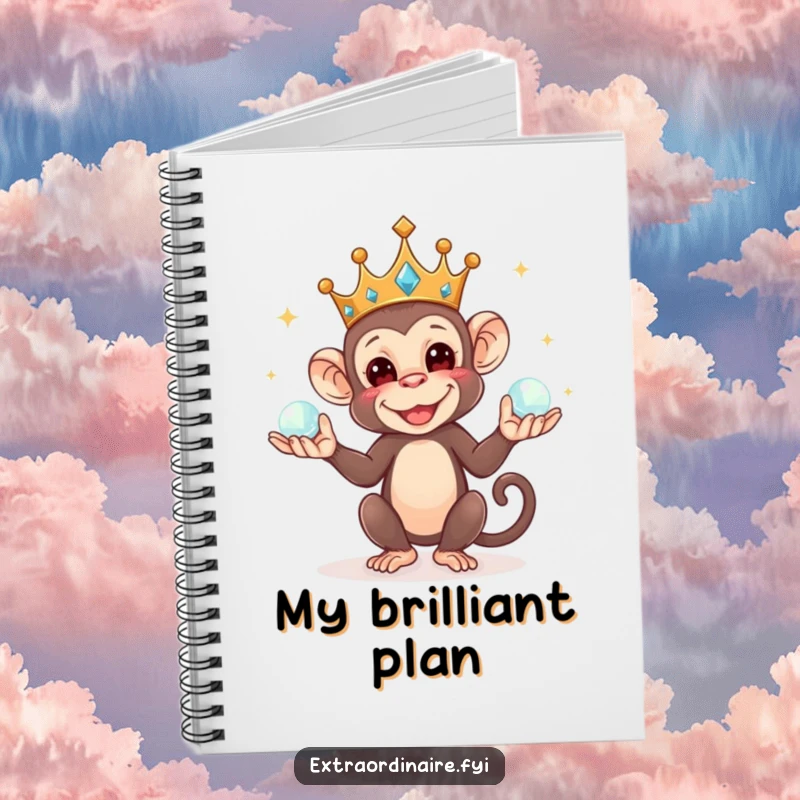 Funny notebook featuring a mischievous crowned monkey juggling orbs, perfect for writing down brilliant plans with a royal touch.