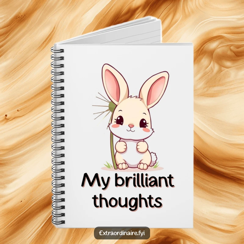 Funny notebook cover showing a curious bunny peeking from behind a giant, sparkling dandelion, inspiring whimsical thoughts.