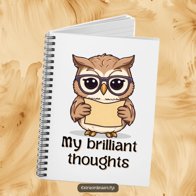 Funny owl scholar notebook, a wise, bespectacled owl reading a scroll, perfect for journaling profound thoughts and witty observations.