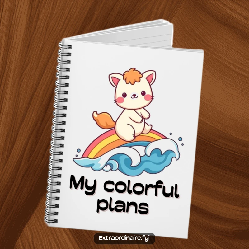 Funny notebook cover art: a cheerful animal character riding a vibrant rainbow, waving hello, perfect for capturing bright thoughts.