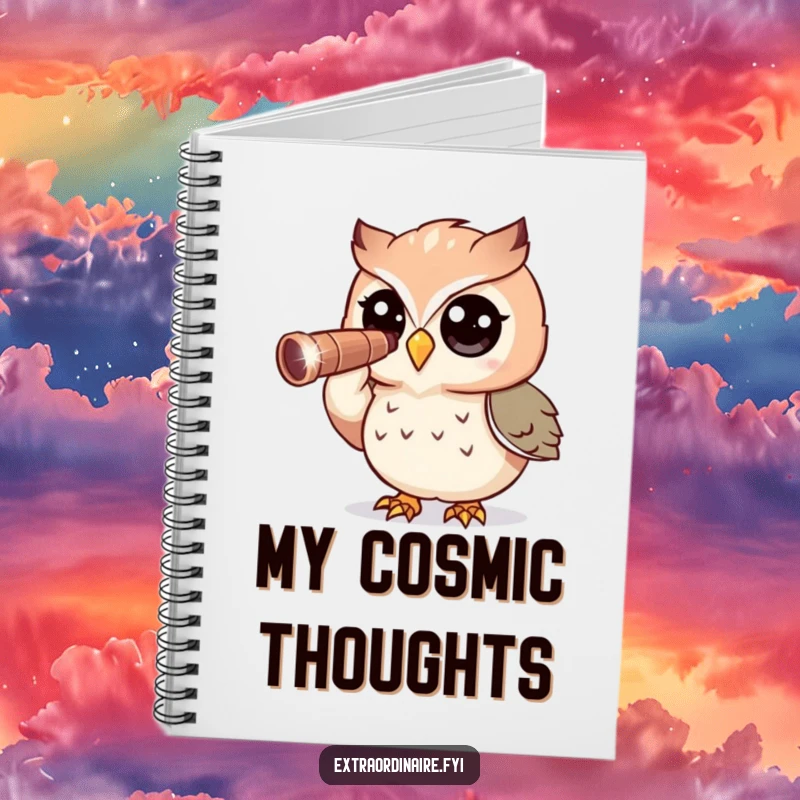Funny Owl Notebook: A curious owl character holds a sparkly telescope, ready to jot down cosmic findings.