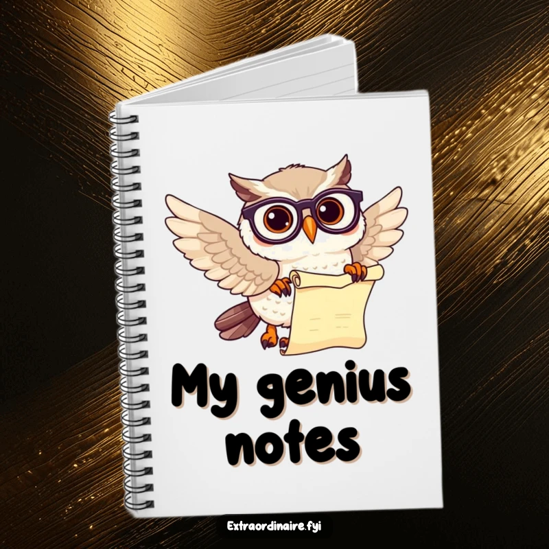 Funny owl scholar notebook with a beaming owl wearing spectacles and a scroll, ideal for journaling.