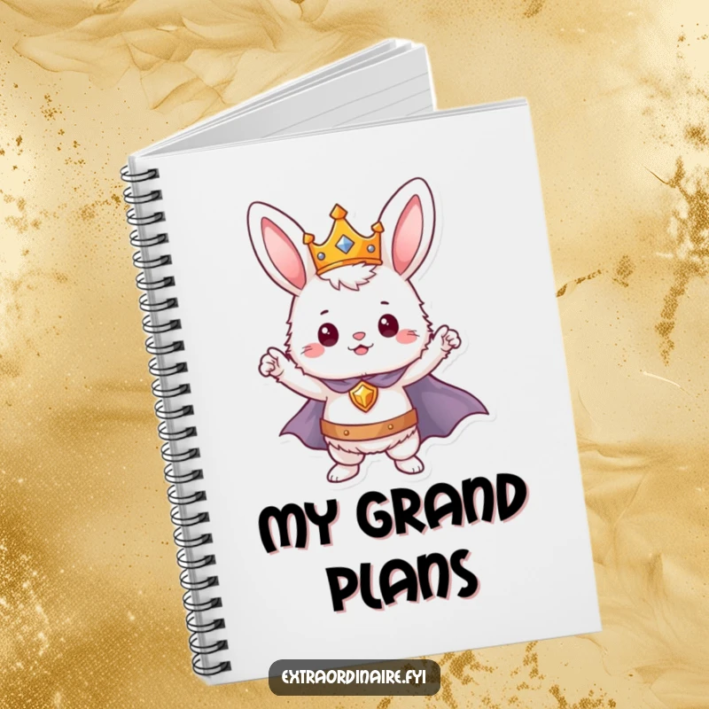 Funny bunny hero notebook, a crowned and caped rabbit striking a pose, perfect for note-taking and planning.