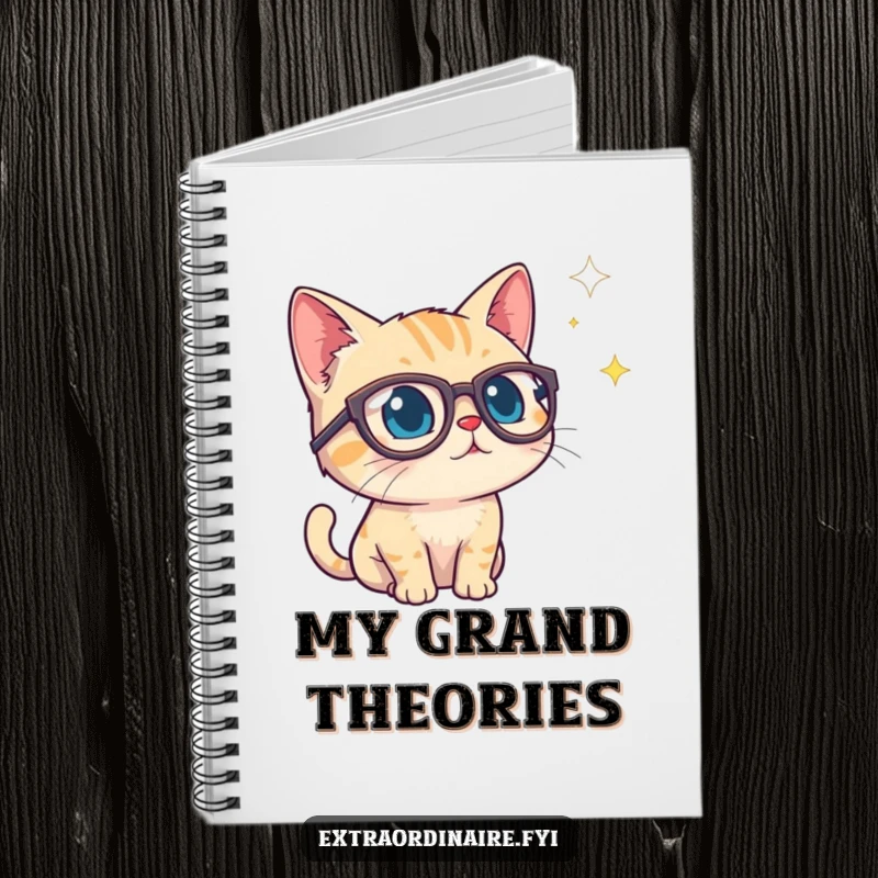 Funny notebook featuring a curious cat in oversized spectacles peering into a starry void, perfect for journaling cosmic thoughts.