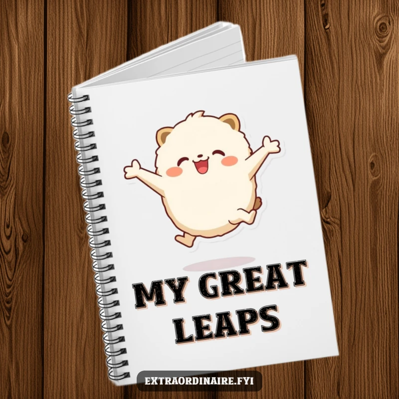 Funny Notebook: A fluffy, round animal character excitedly leaping, arms open, inspiring joyful note-taking and creative expression.