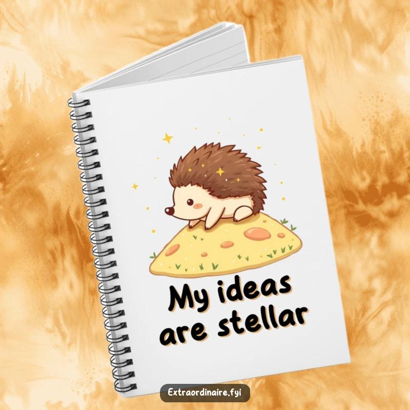 Funny Hedgehog Stardust Notebook featuring a happy hedgehog rolling down a hill covered in stardust, ideal for journaling magical ideas.
