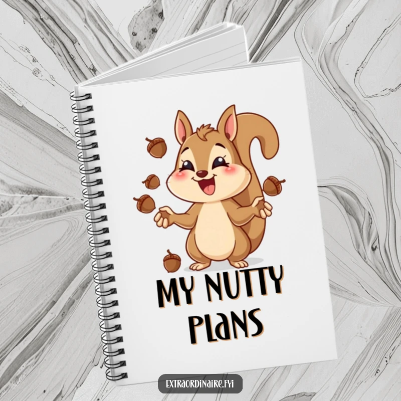 Funny squirrel juggling notebook, a squirrel concentrating hard while juggling acorns with a wide grin.