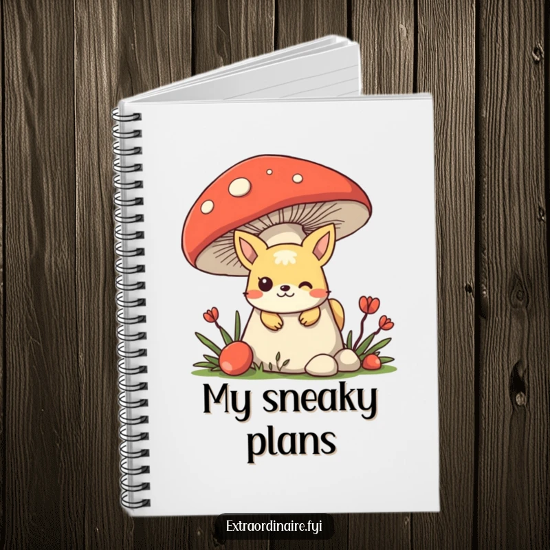 Funny mischievous animal character hiding behind a giant mushroom, peeking out invitingly in a playful notebook.