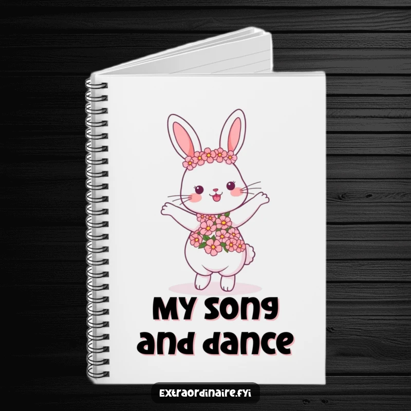 Funny dancing rabbit notebook, adorned with a flower garland, perfect for writing and planning, adds a touch of whimsy, ideal funny gift.