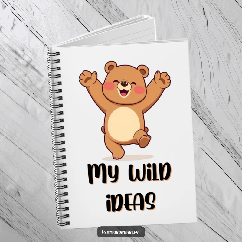 A funny dancing bear performing a cartwheel with pure elation on the cover of a lined notebook.