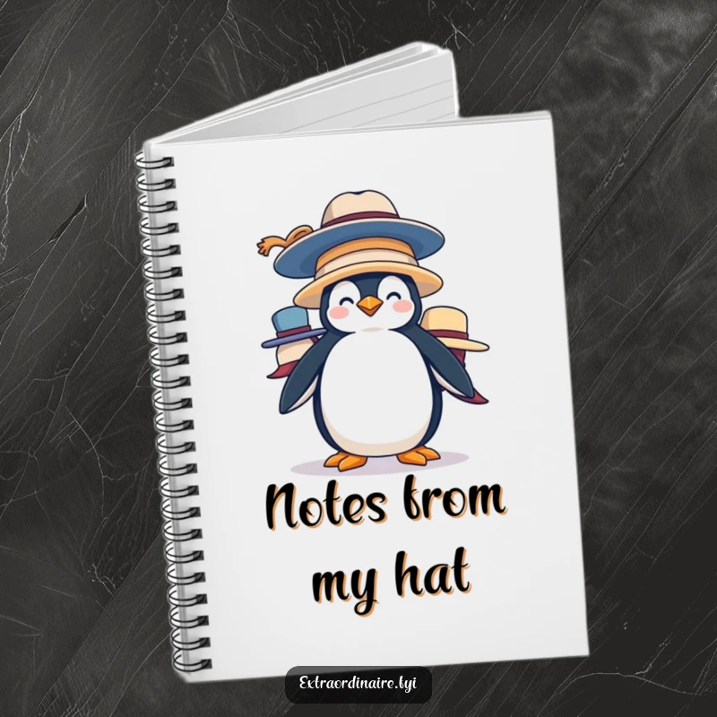 Funny Penguin Hat Stack Notebook: A silly penguin balances large hats, making note-taking a humorous and engaging activity.