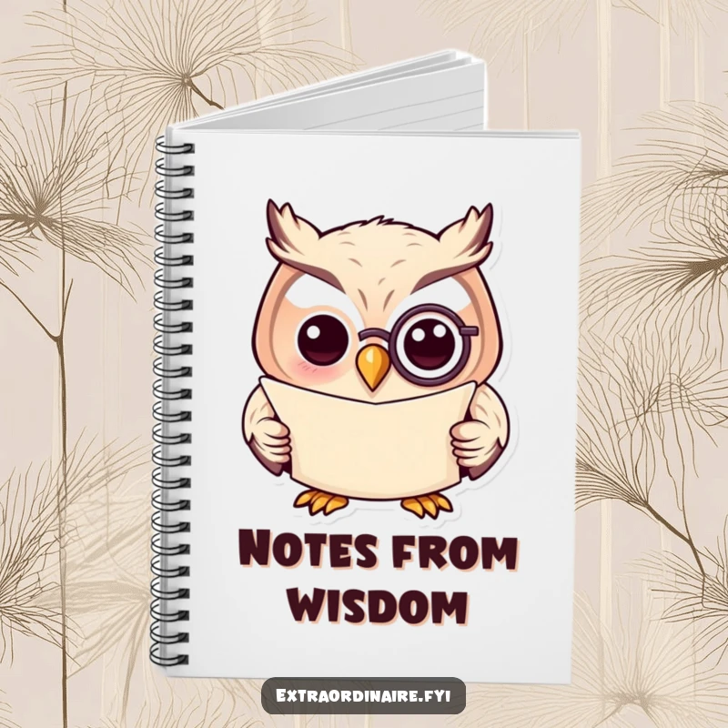 Funny notebook with a wise owl wearing a monocle and reading a scroll, great for notes and journaling.