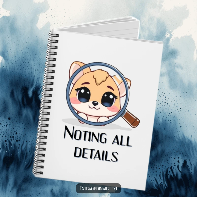 Funny Notebook: A curious animal character peeking behind a magnifying glass, encouraging detailed observation and note-taking.