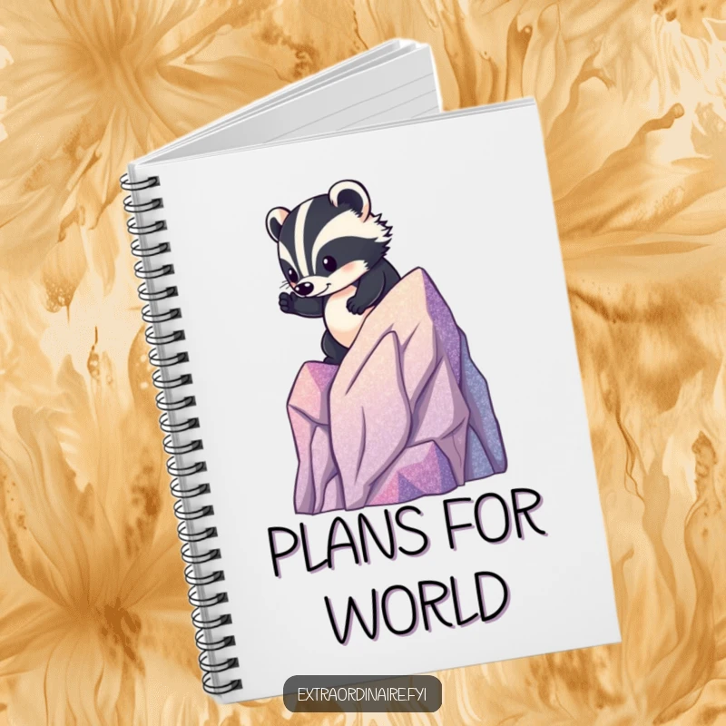 Funny badger mountain notebook, a brave animal climbing a miniature glittery mountain, perfect for noting down plans and ideas.