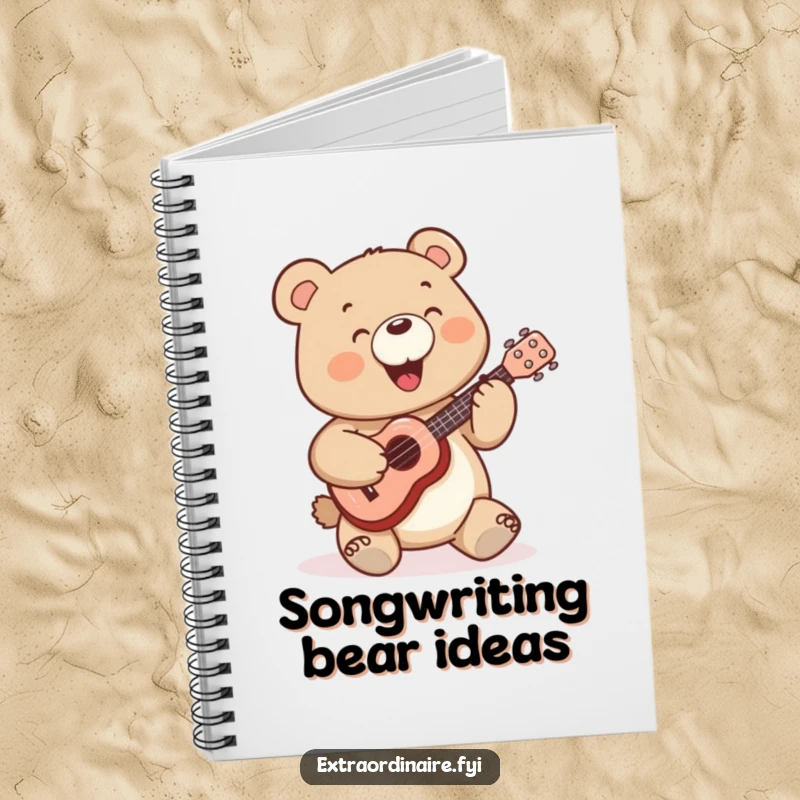 Funny Bear Notebook: A cheerful bear character sits with a miniature ukulele, ready to compose happy tunes.