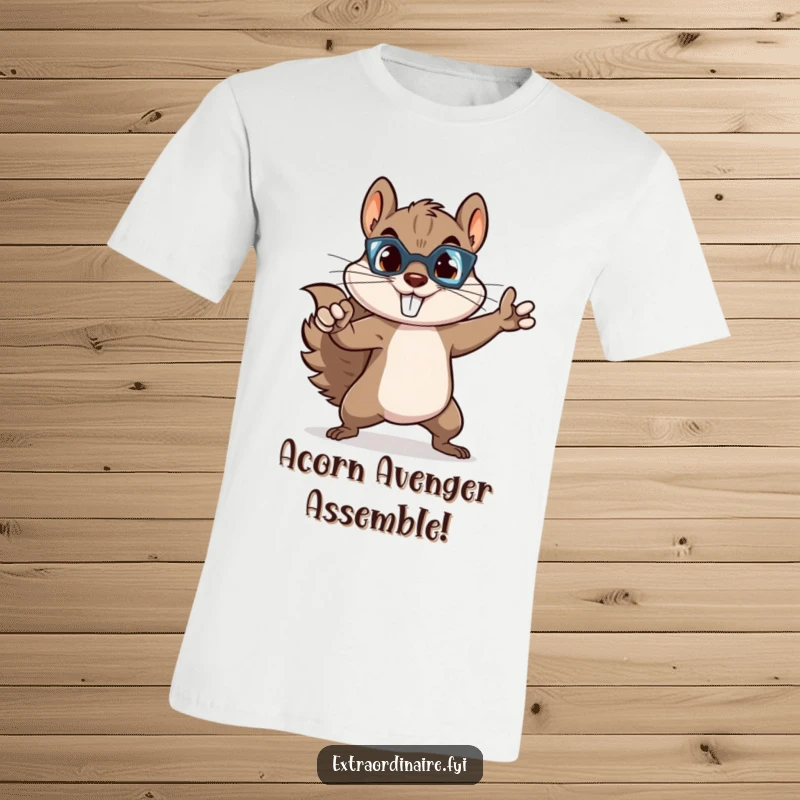 Funny squirrel superhero t-shirt, a mischievous rodent posing powerfully like a comic book character, ready for action.