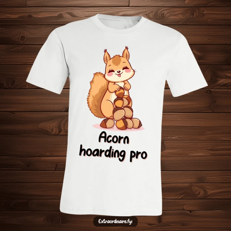 Funny t-shirt featuring a giggling squirrel balancing a precarious stack of acorns, symbolizing abundance and playful hoarding.