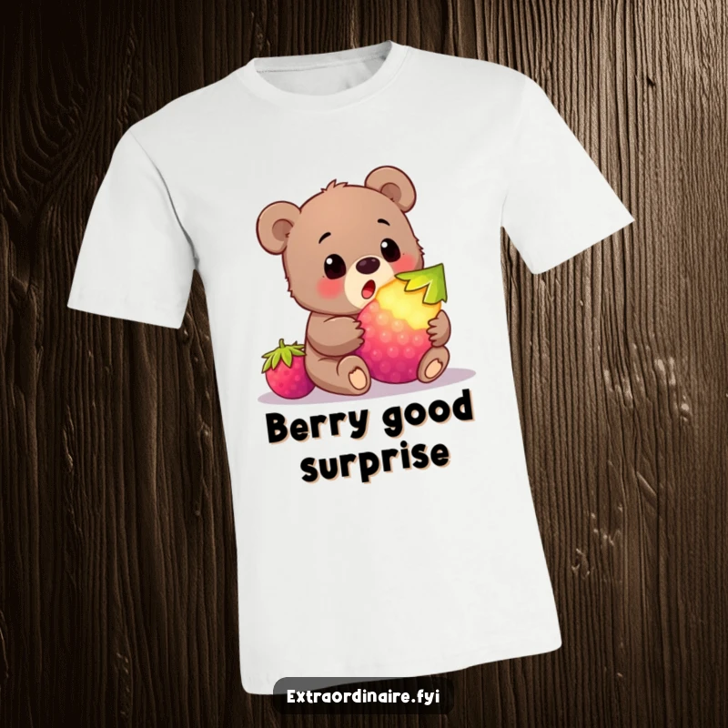 Funny bear cub t-shirt featuring a cub’s amazed face upon finding a giant, glowing berry, capturing a moment of wonder.