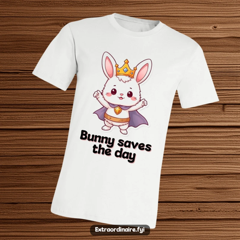 Funny bunny hero t-shirt, a fluffy rabbit in a crown and cape striking a brave and heroic pose.