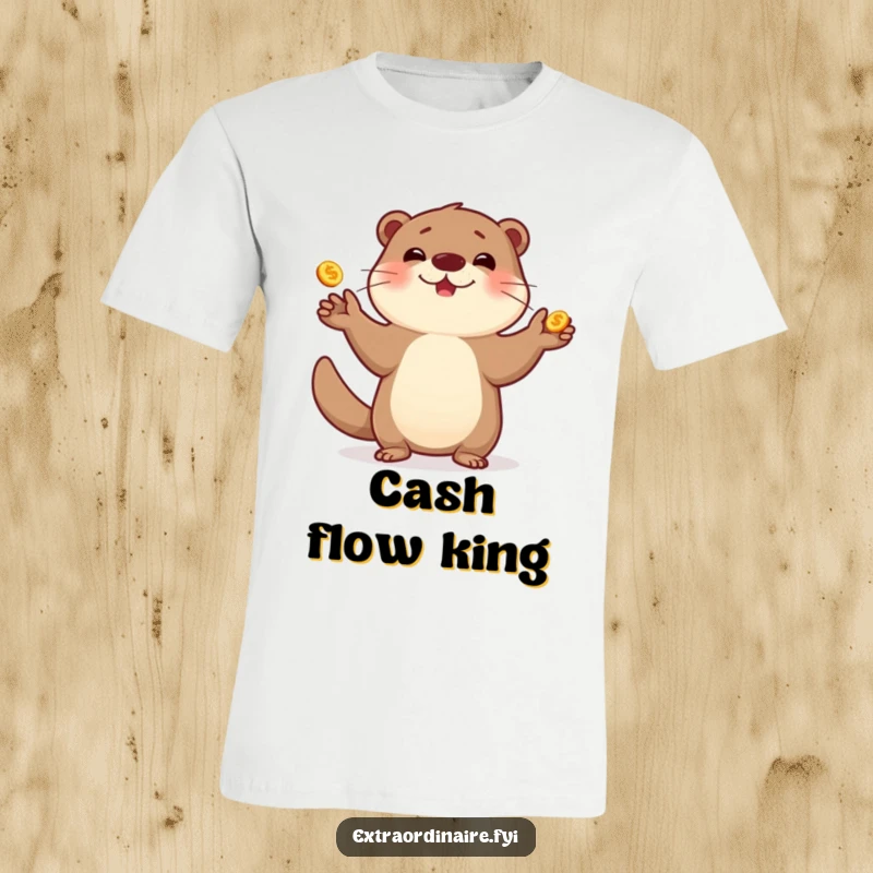 Funny playful otter t-shirt juggling golden coins, a cheerful and energetic design.